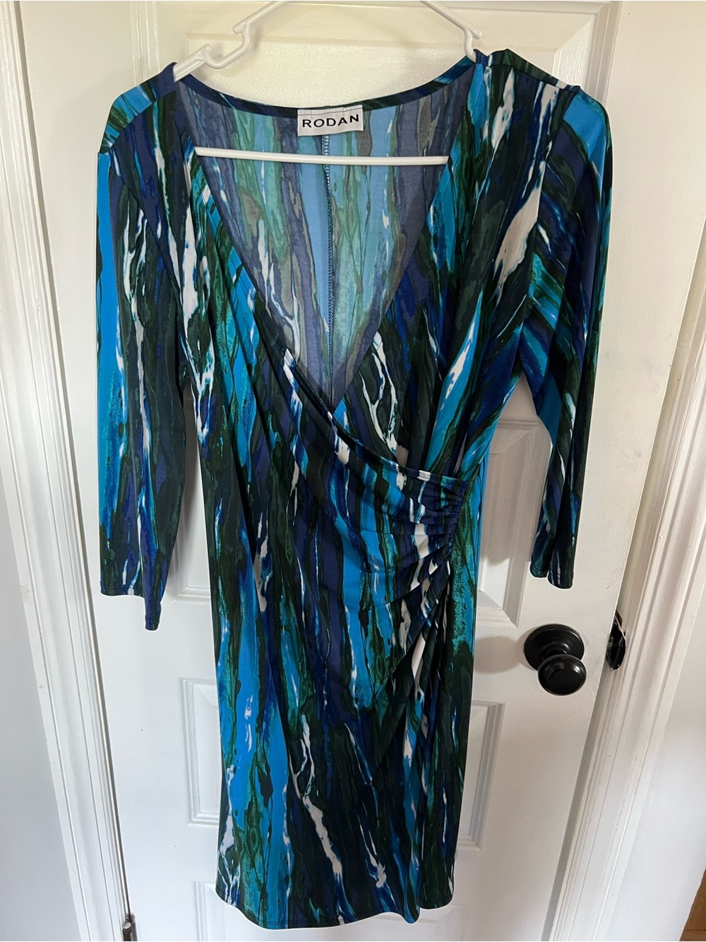 Rodan Teal & Blue Abstract Faux-Wrap Midi Dress